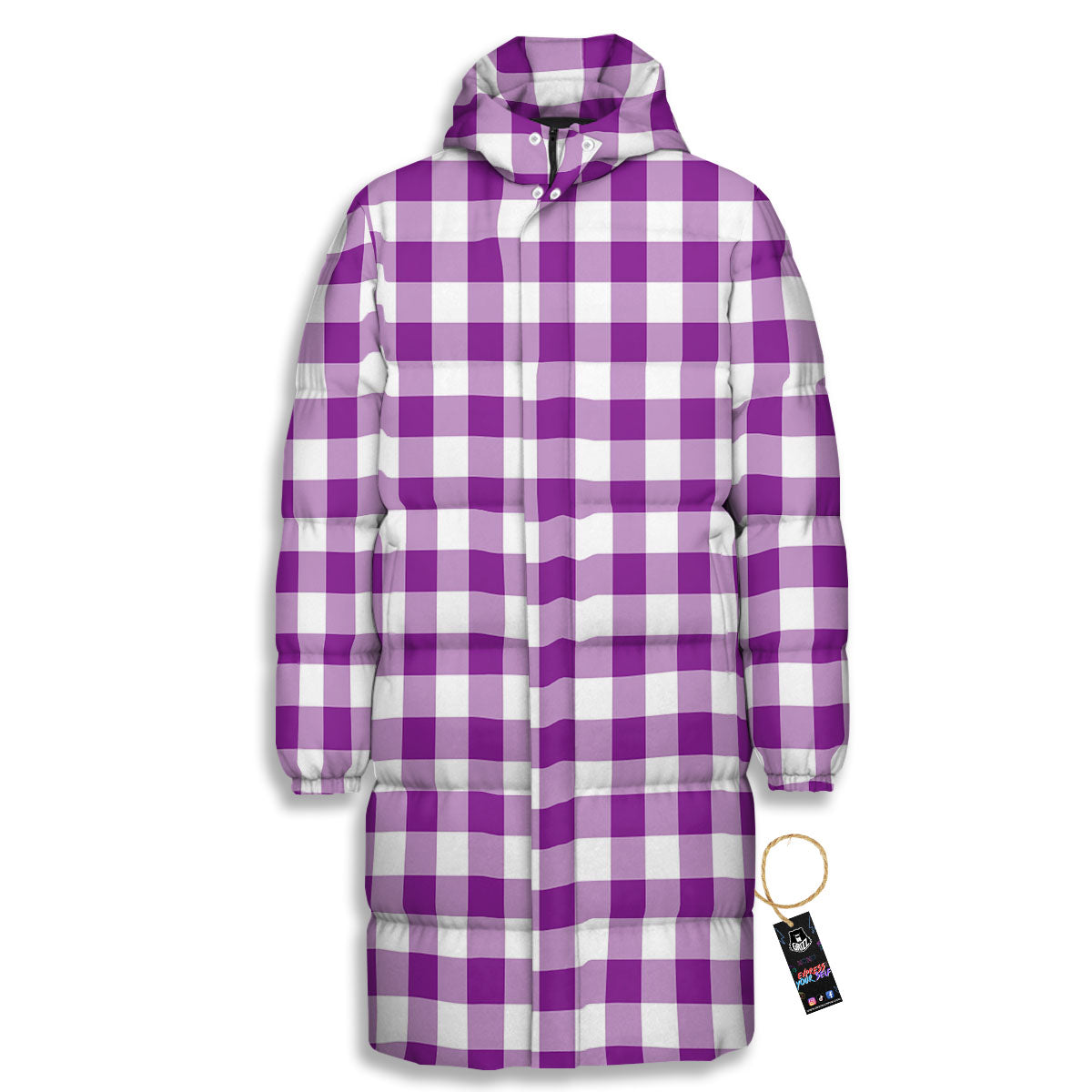 Checkered White And Purple Print Pattern Long Down Jacket-grizzshop