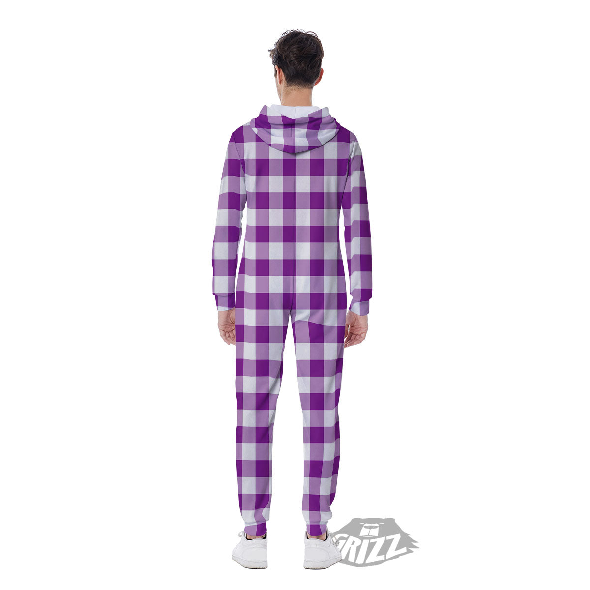 Checkered White And Purple Print Pattern Men's Jumpsuit-grizzshop