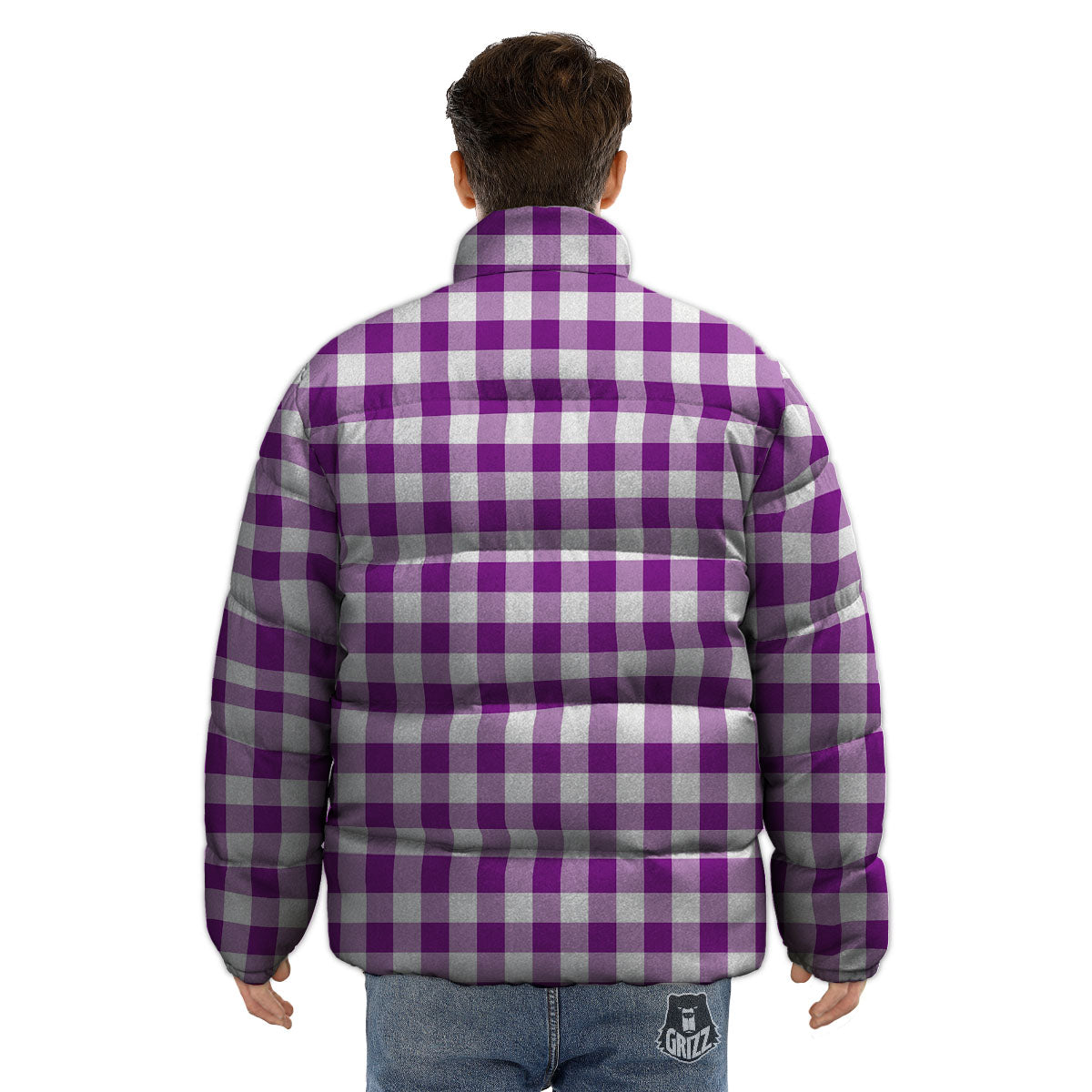 Checkered White And Purple Print Pattern Puffer Jacket-grizzshop