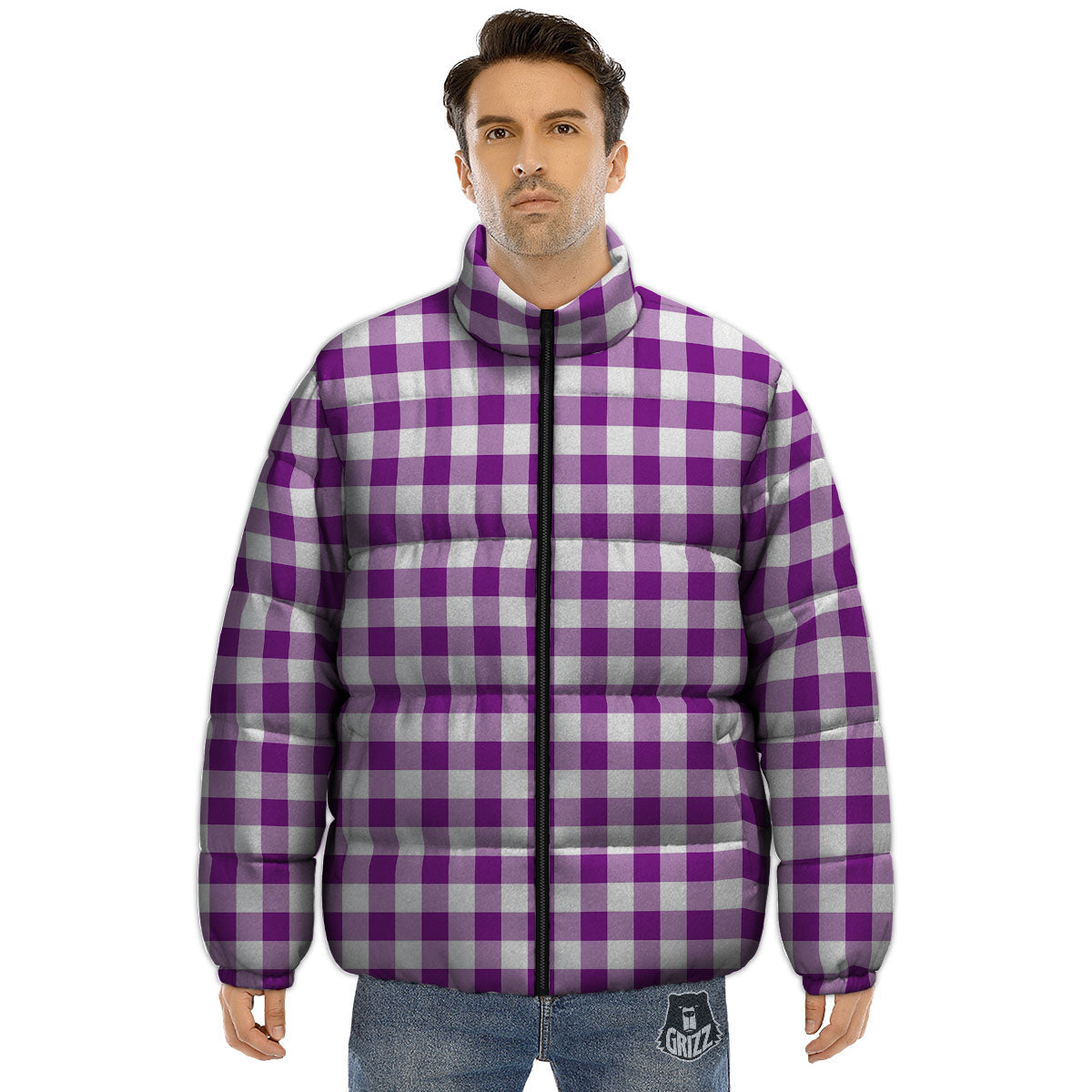 Checkered White And Purple Print Pattern Puffer Jacket-grizzshop