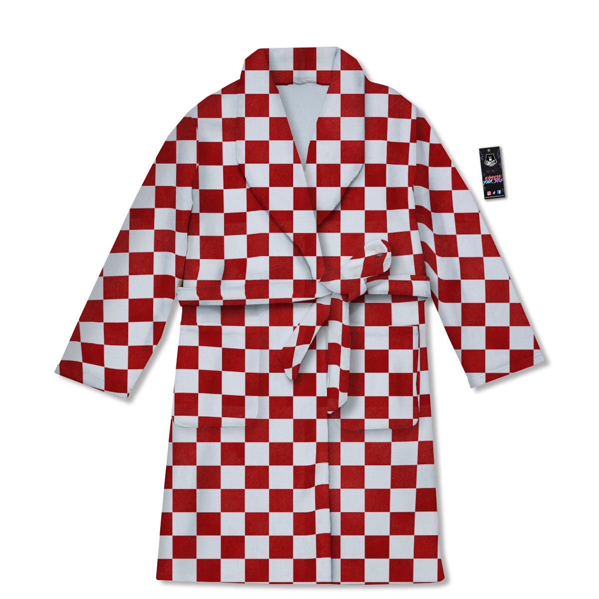 Checkered White And Red Print Pattern Bathrobe-grizzshop