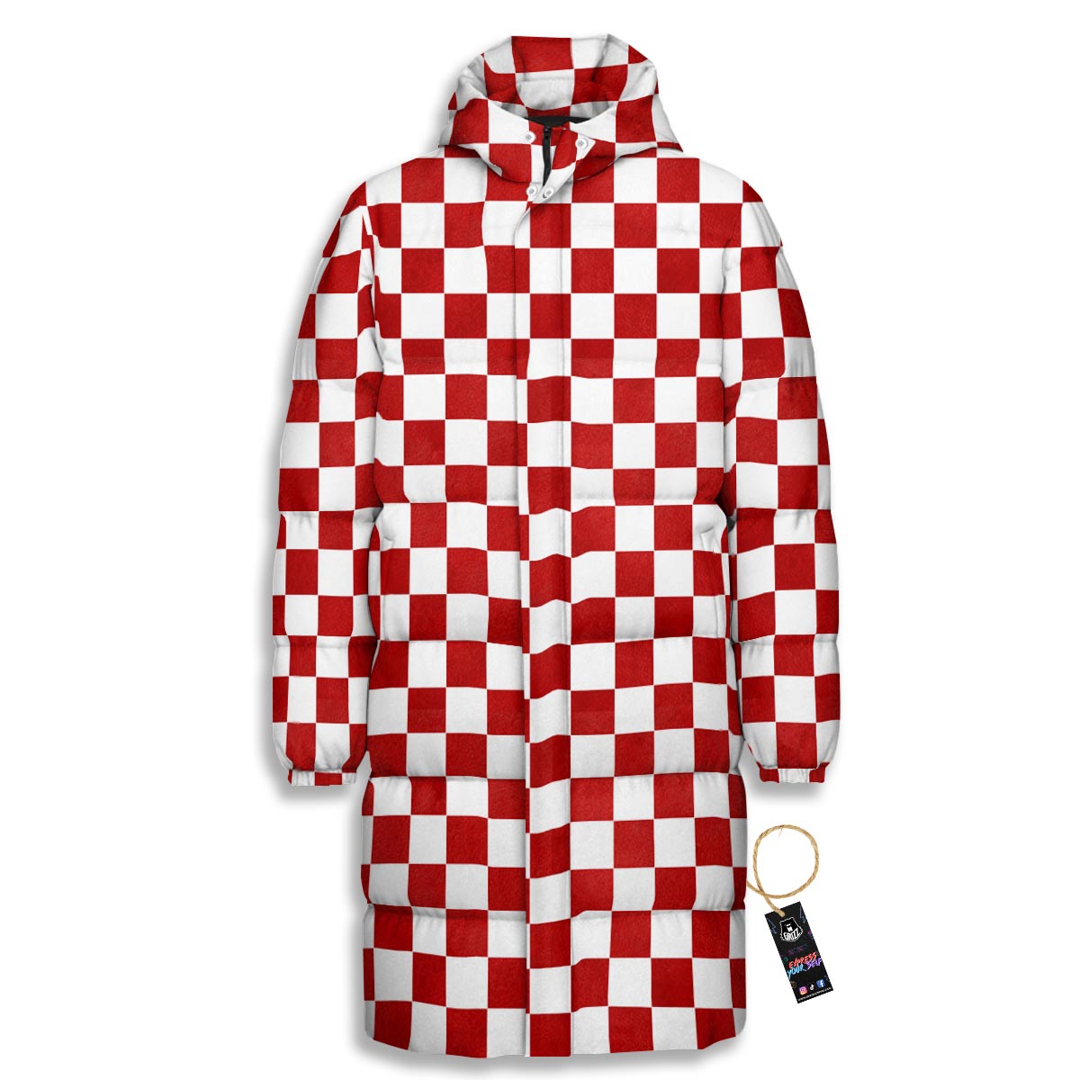 Checkered White And Red Print Pattern Long Down Jacket-grizzshop