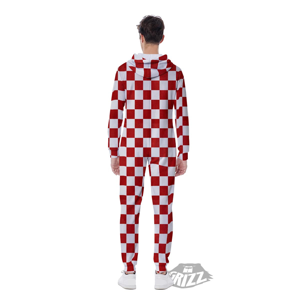 Checkered White And Red Print Pattern Men's Jumpsuit-grizzshop