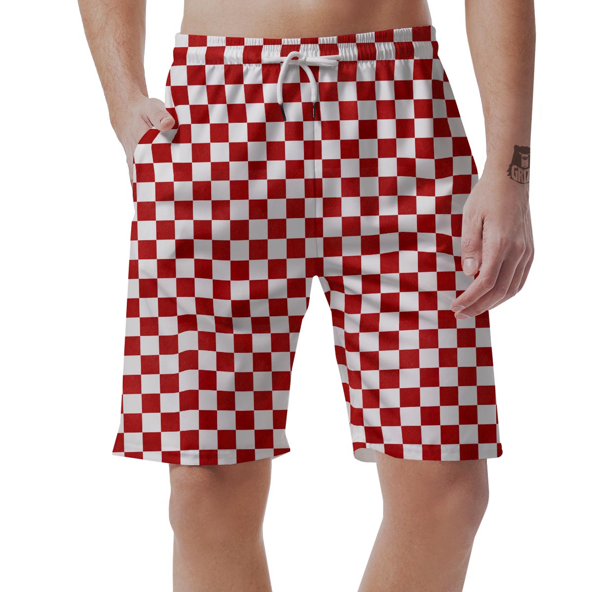 Checkered White And Red Print Pattern Men's Shorts-grizzshop