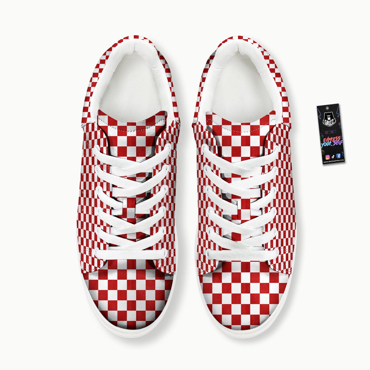 Checkered White And Red Print Pattern Platform Shoes-grizzshop