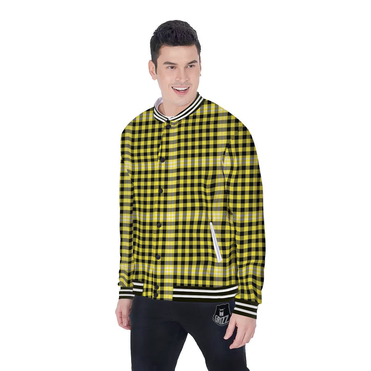 Checkered Yellow And Black Print Pattern Baseball Jacket-grizzshop