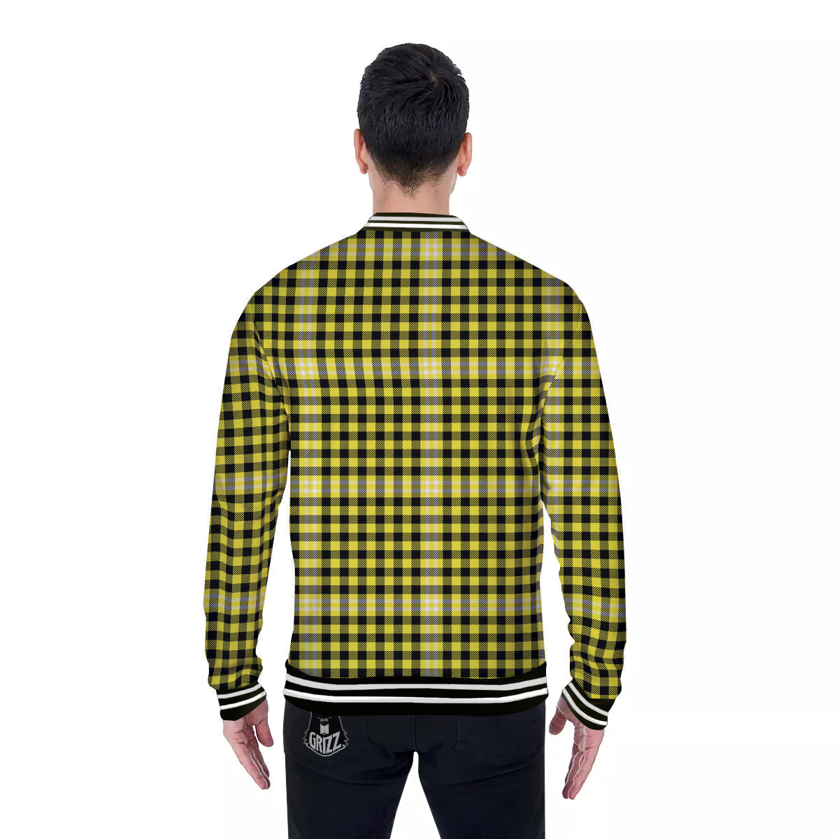 Checkered Yellow And Black Print Pattern Baseball Jacket-grizzshop
