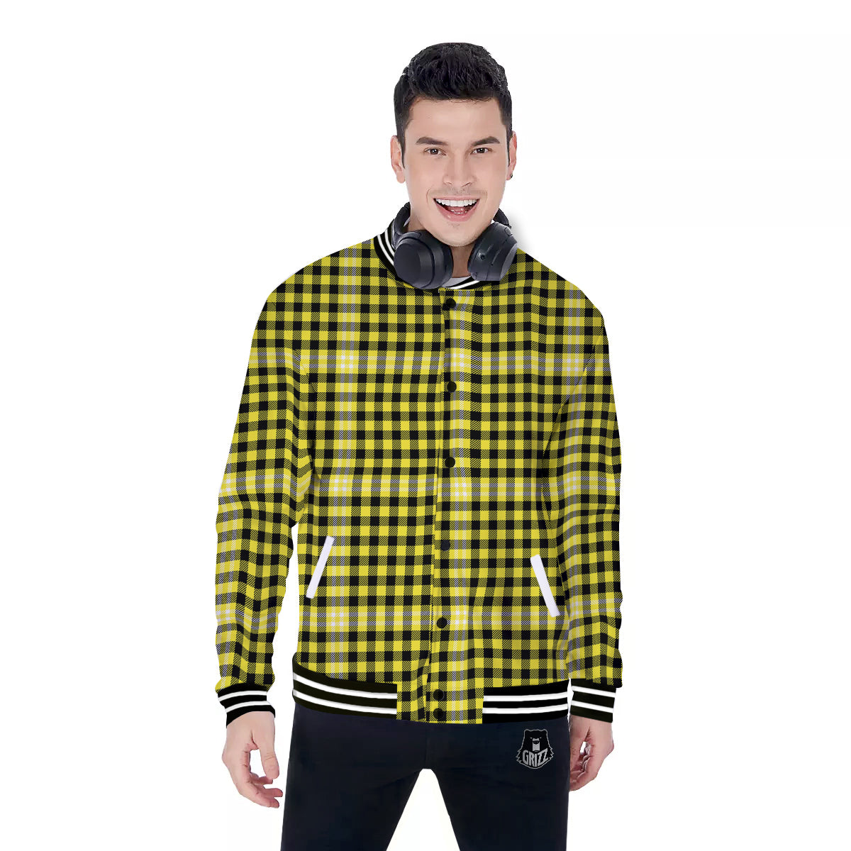 Checkered Yellow And Black Print Pattern Baseball Jacket-grizzshop