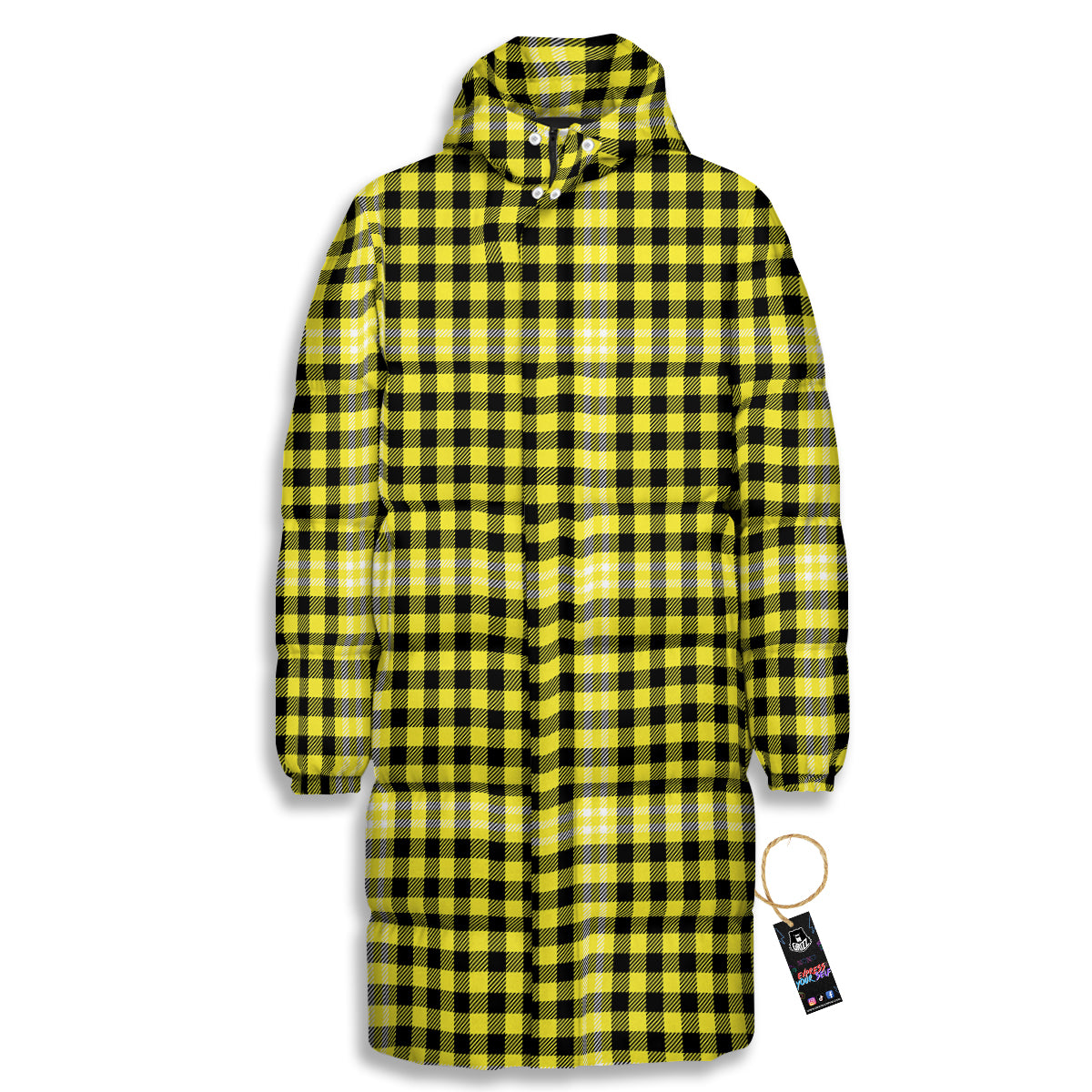 Checkered Yellow And Black Print Pattern Long Down Jacket-grizzshop