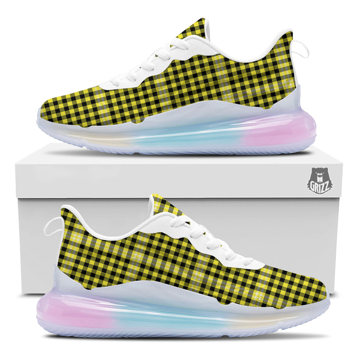 Checkered Yellow And Black Print Pattern Running Sneakers-grizzshop