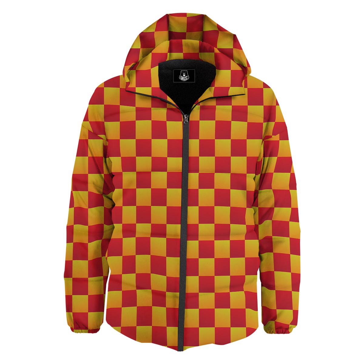 Checkered Yellow And Red Print Pattern Down Jacket-grizzshop