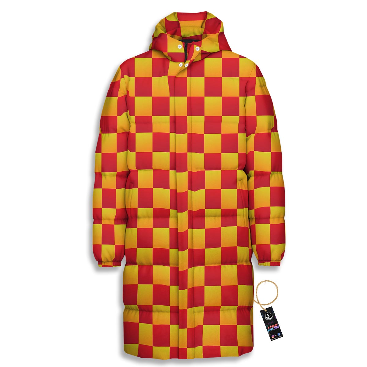 Checkered Yellow And Red Print Pattern Long Down Jacket-grizzshop