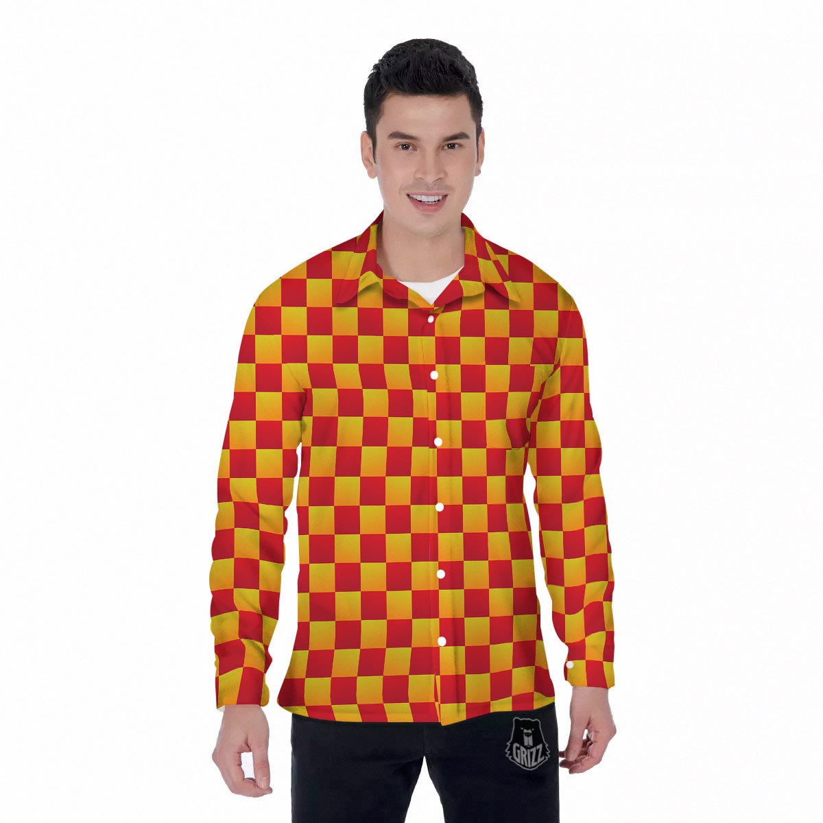 Checkered Yellow And Red Print Pattern Men's Long Sleeve Shirts-grizzshop