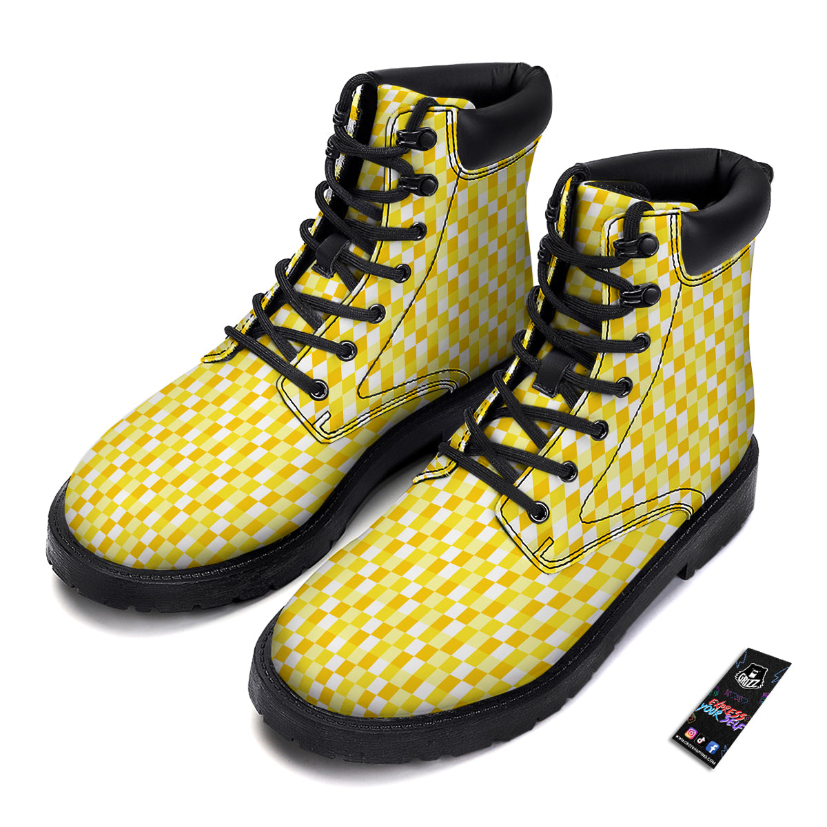 Checkered Yellow And White Print Pattern Boots-grizzshop