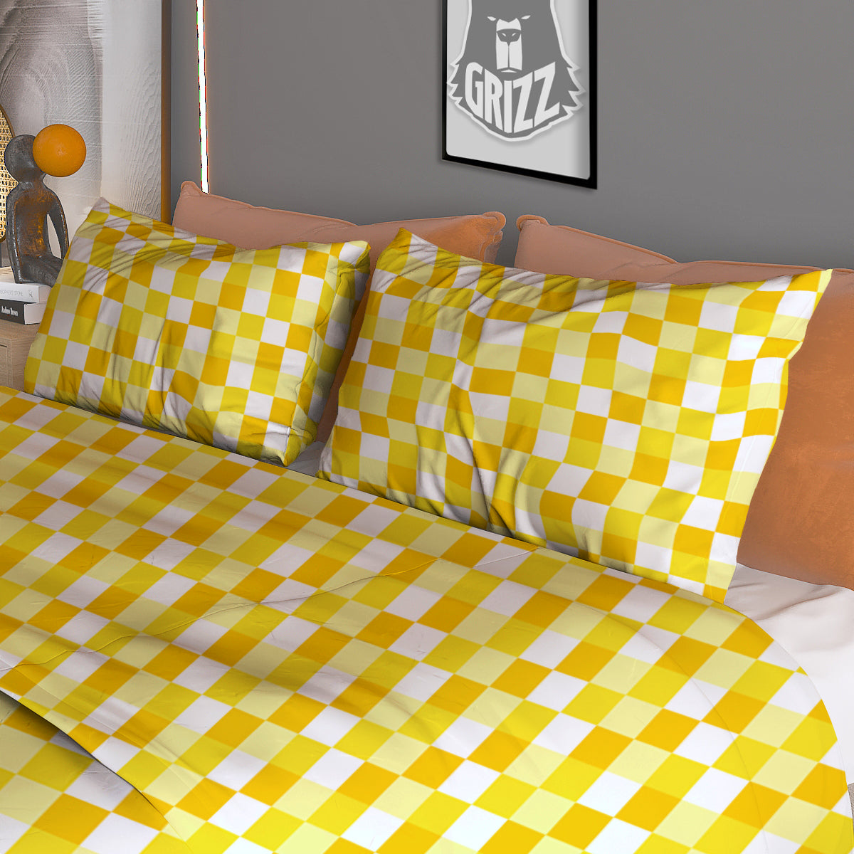 Checkered Yellow And White Print Pattern Duvet Cover Bedding Set
