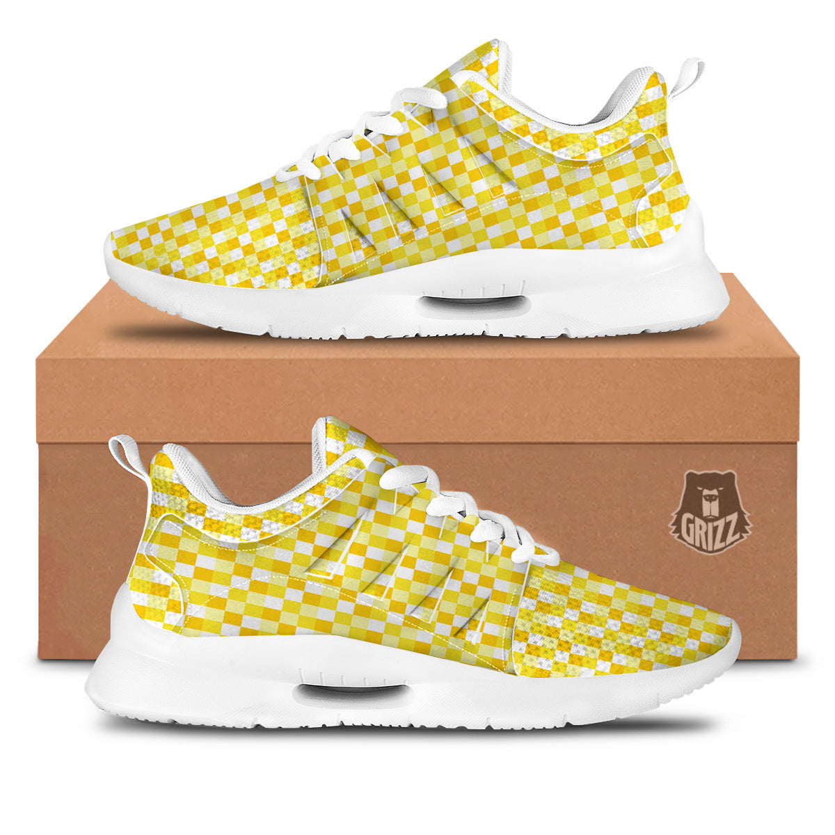 Checkered Yellow And White Print Pattern Tennis Shoes-grizzshop
