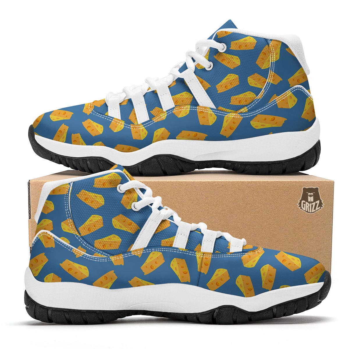 Cheese Slice Print Pattern White Bball Shoes-grizzshop