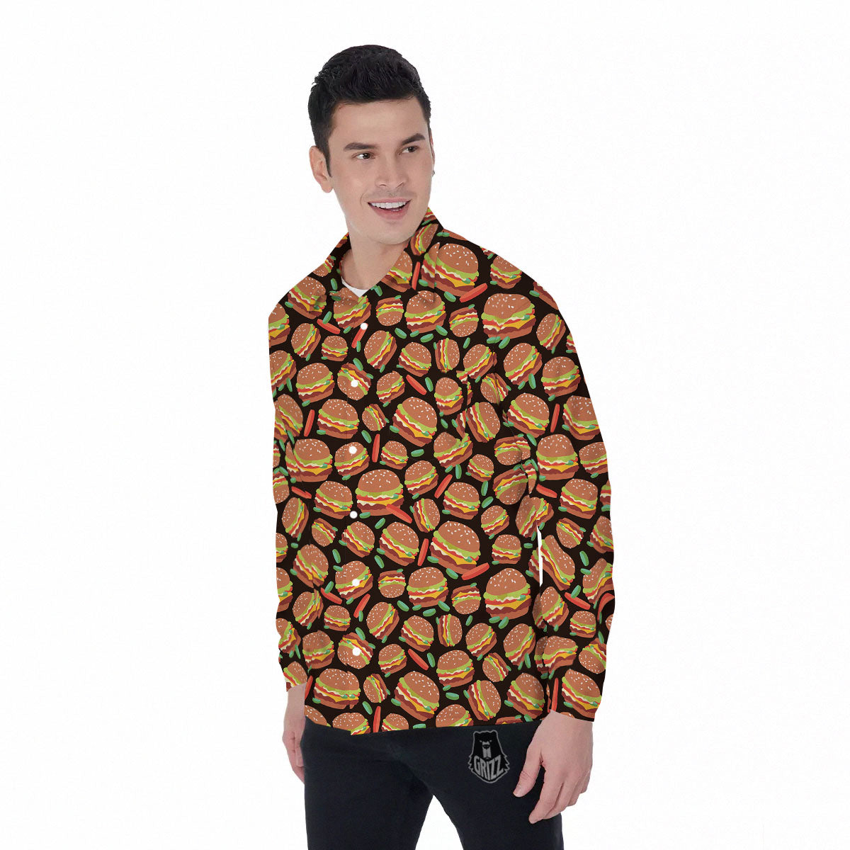 Cheeseburger Print Pattern Men's Long Sleeve Shirts-grizzshop