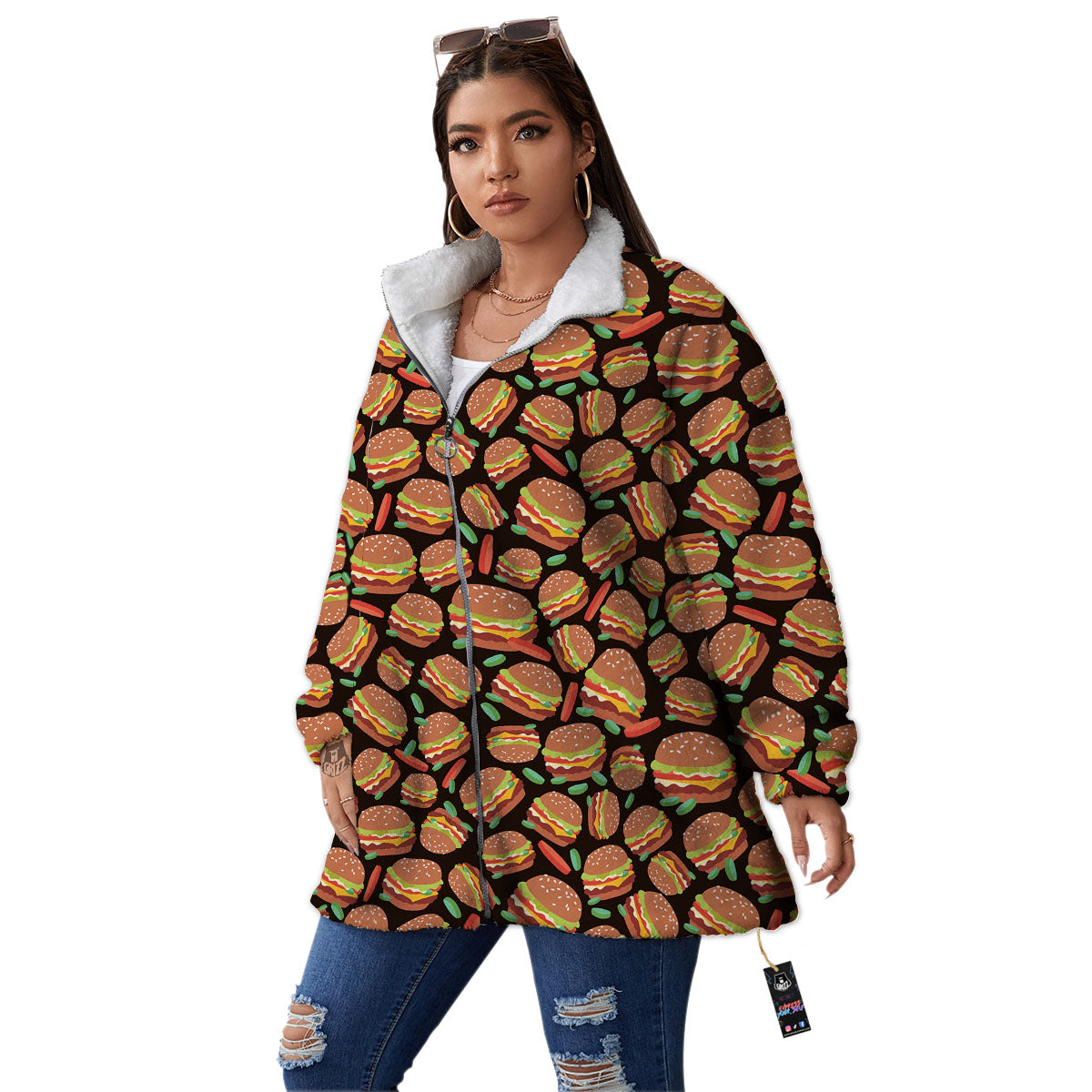 Cheeseburger Print Pattern Women's Sherpa Jacket-grizzshop