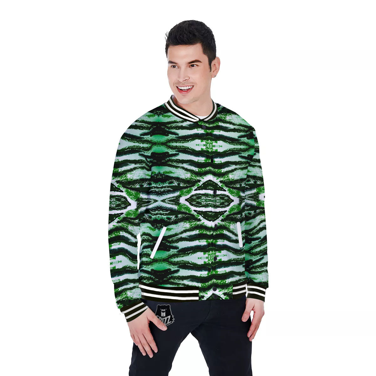 Cheetah Black And Green Print Baseball Jacket-grizzshop