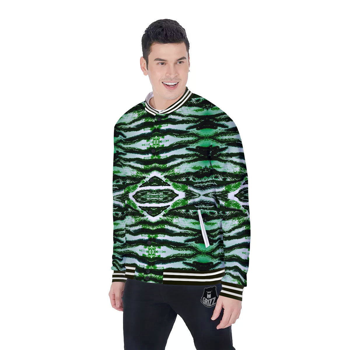 Cheetah Black And Green Print Baseball Jacket-grizzshop