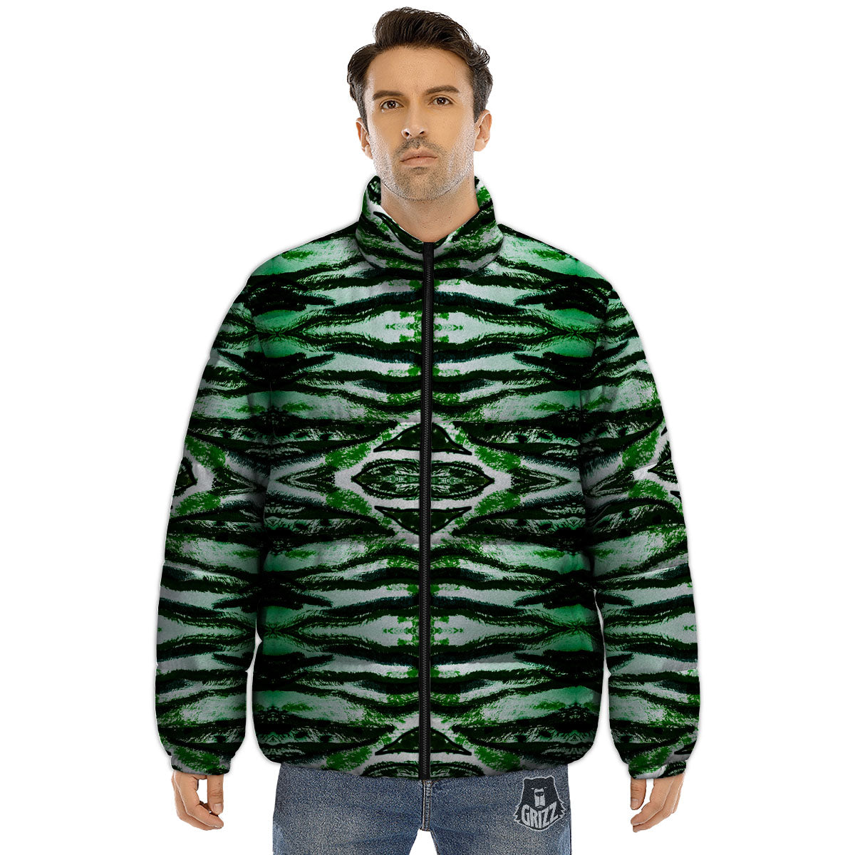 Cheetah Black And Green Print Puffer Jacket-grizzshop