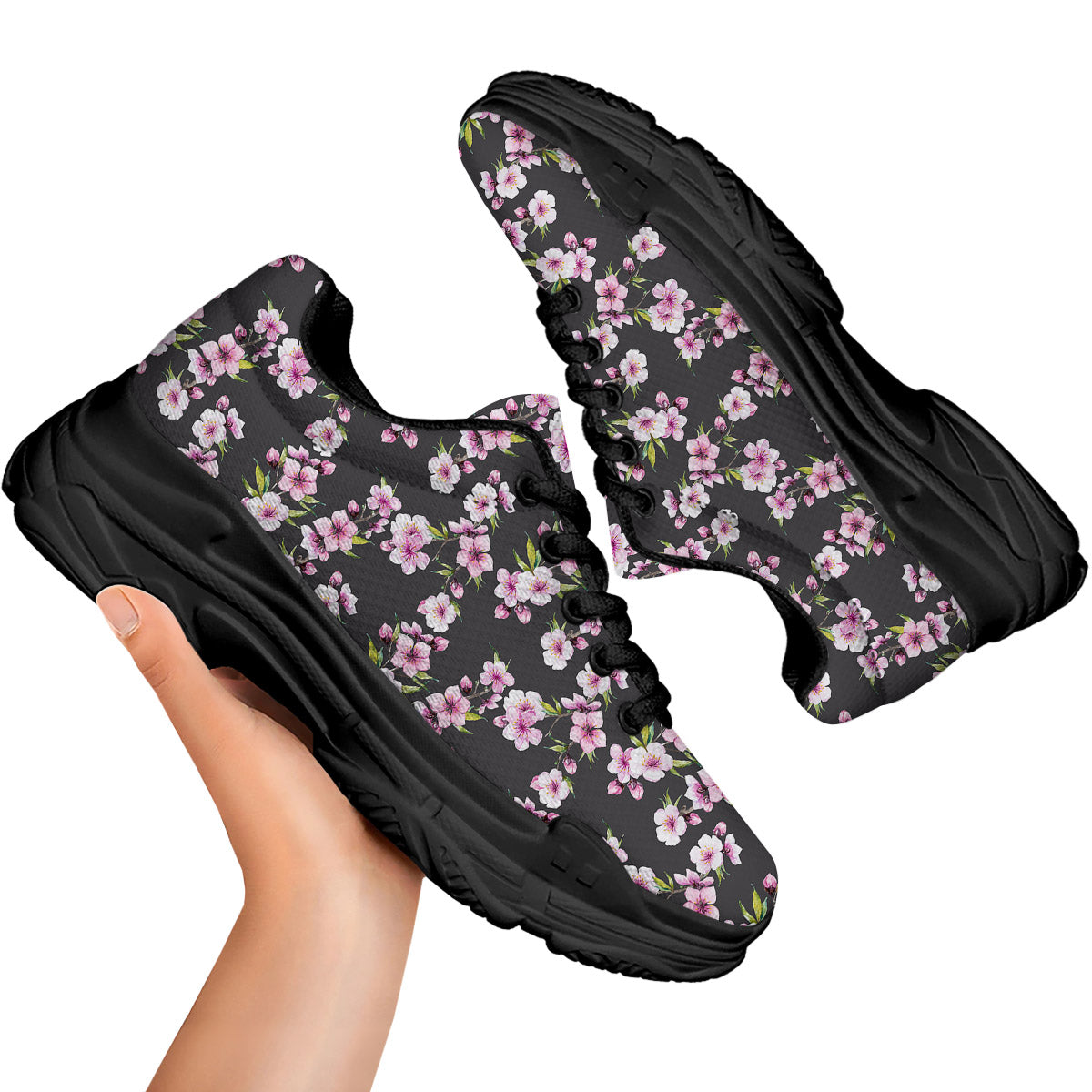 Cherry Blossom Chinese Print Pattern Black Chunky Shoes-grizzshop