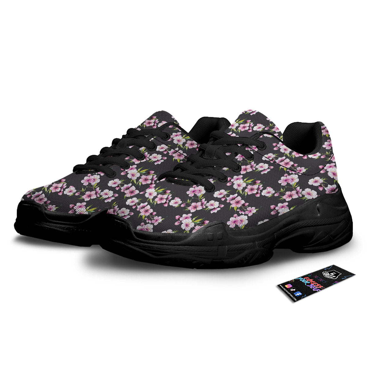 Cherry Blossom Chinese Print Pattern Black Chunky Shoes-grizzshop