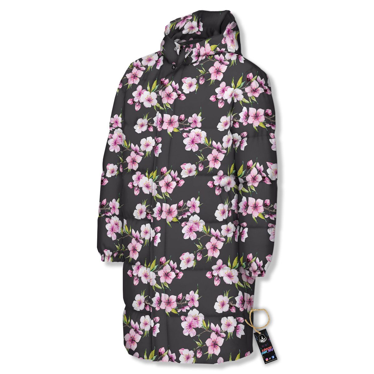 Cherry Blossom Chinese Print Pattern Long Down Jacket-grizzshop