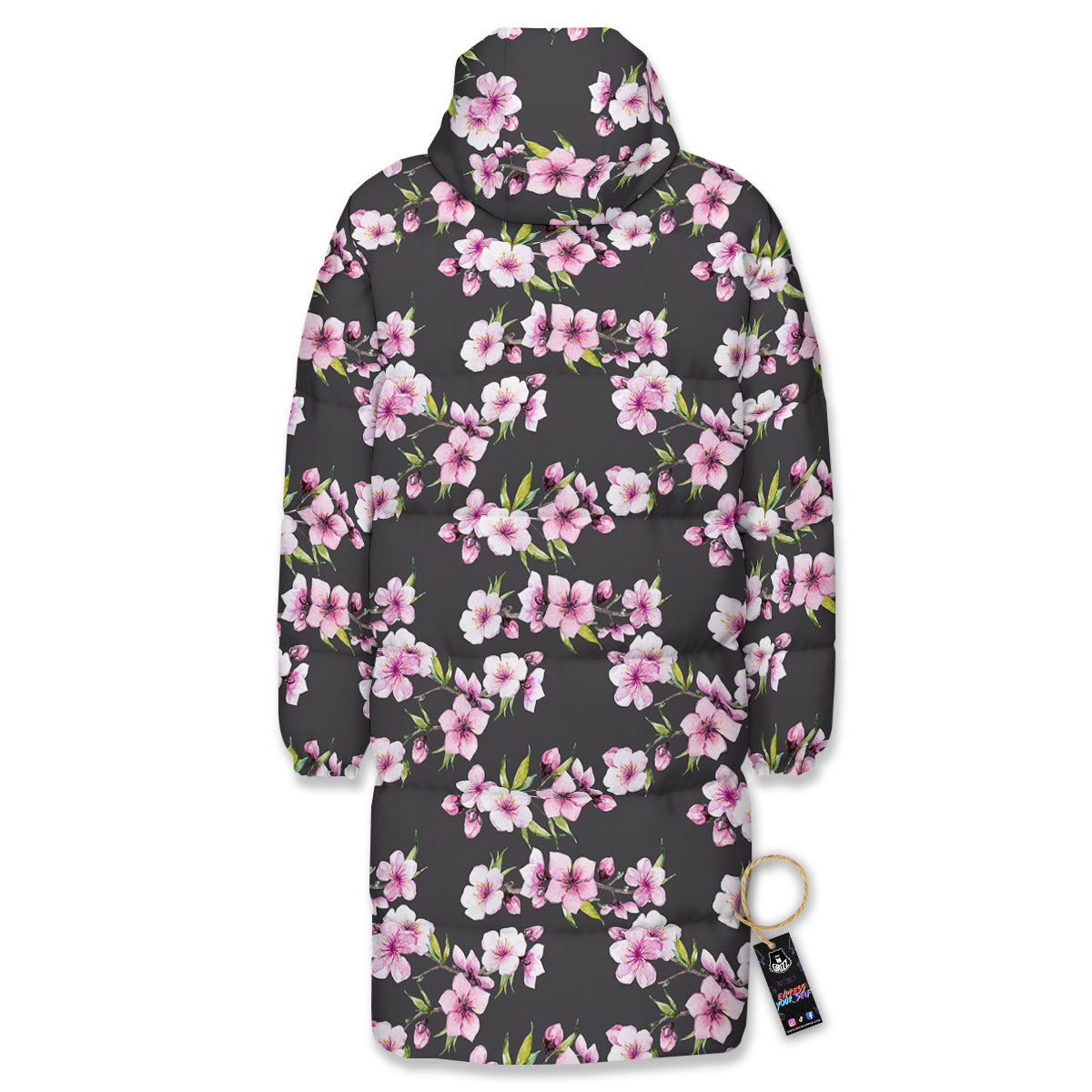 Cherry Blossom Chinese Print Pattern Long Down Jacket-grizzshop