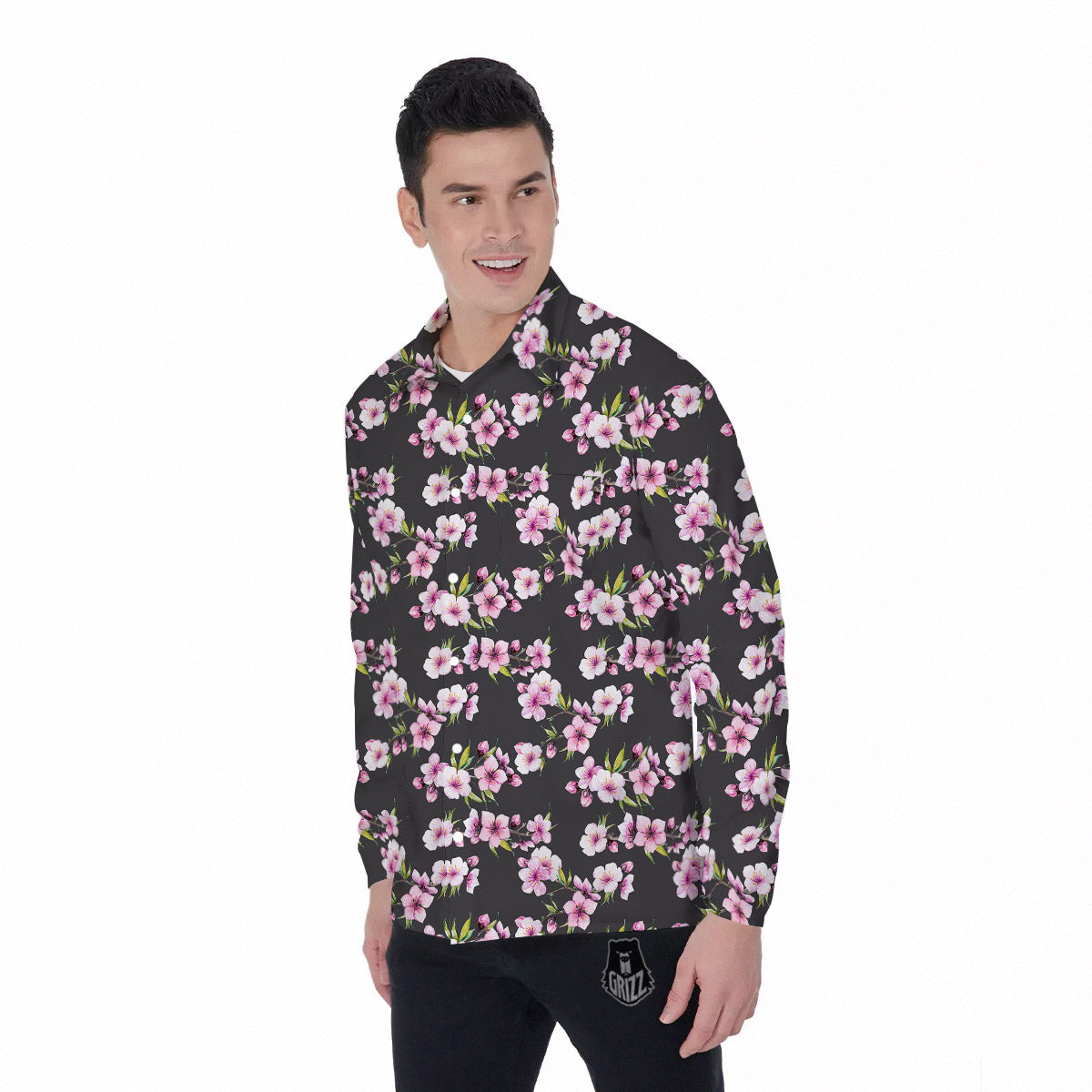 Cherry Blossom Chinese Print Pattern Men's Long Sleeve Shirts-grizzshop