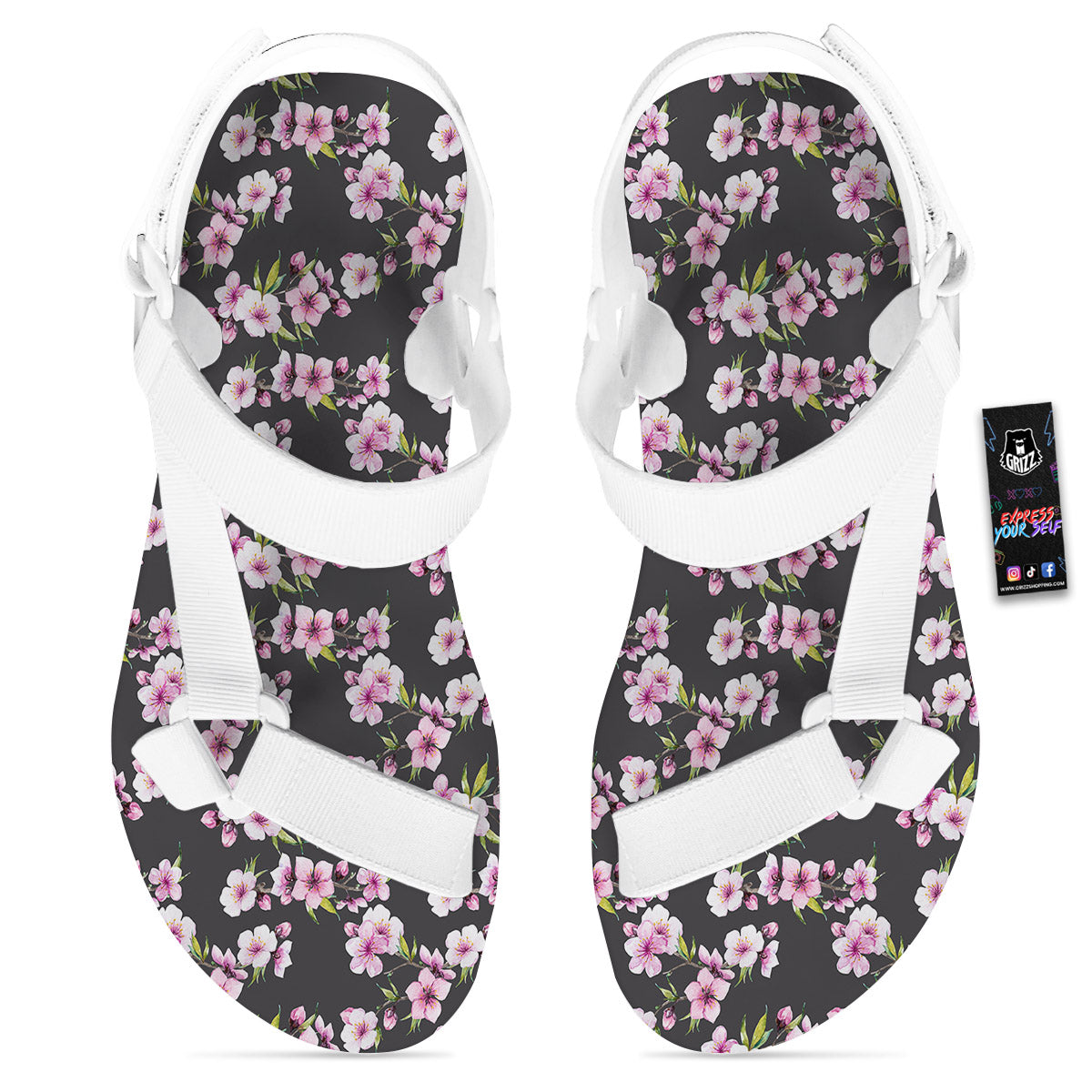 Cherry Blossom Chinese Print Pattern White Open Toe Sandals-grizzshop