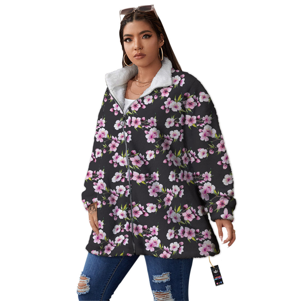Cherry Blossom Chinese Print Pattern Women's Sherpa Jacket-grizzshop