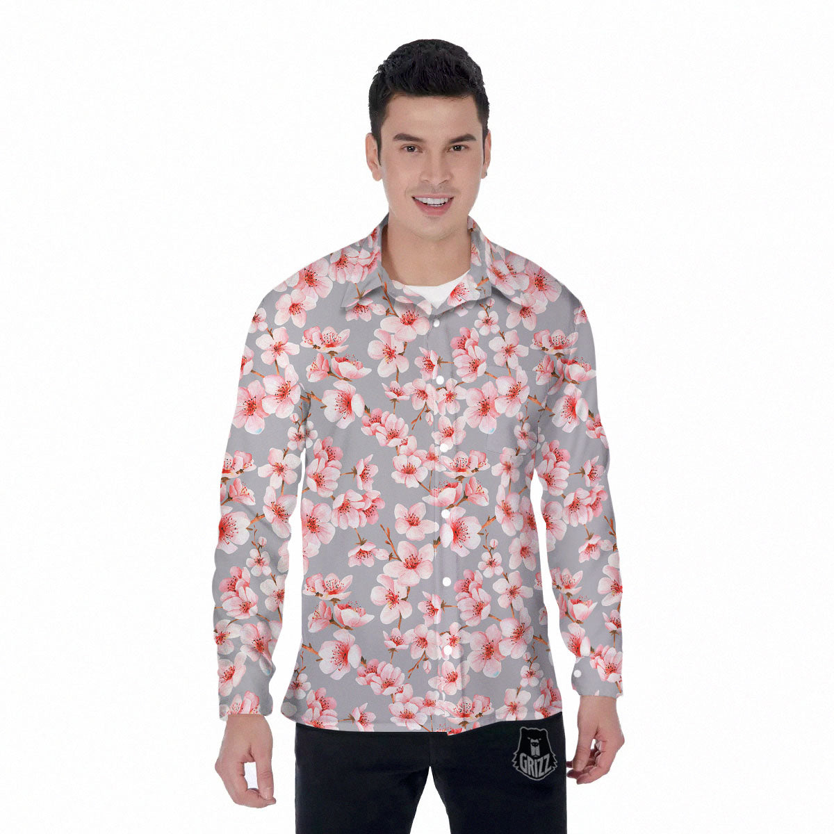 Cherry Blossom Japanese Print Pattern Men's Long Sleeve Shirts-grizzshop