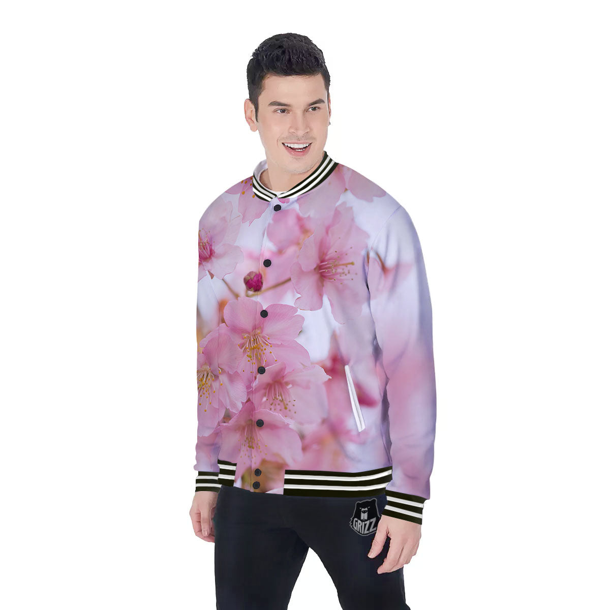 Cherry Blossom Pink Print Baseball Jacket-grizzshop
