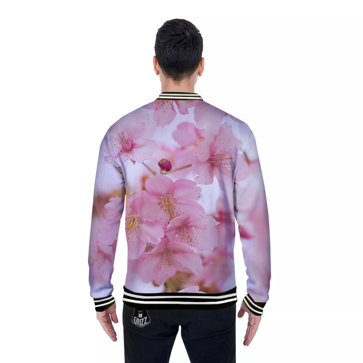 Cherry Blossom Pink Print Baseball Jacket-grizzshop