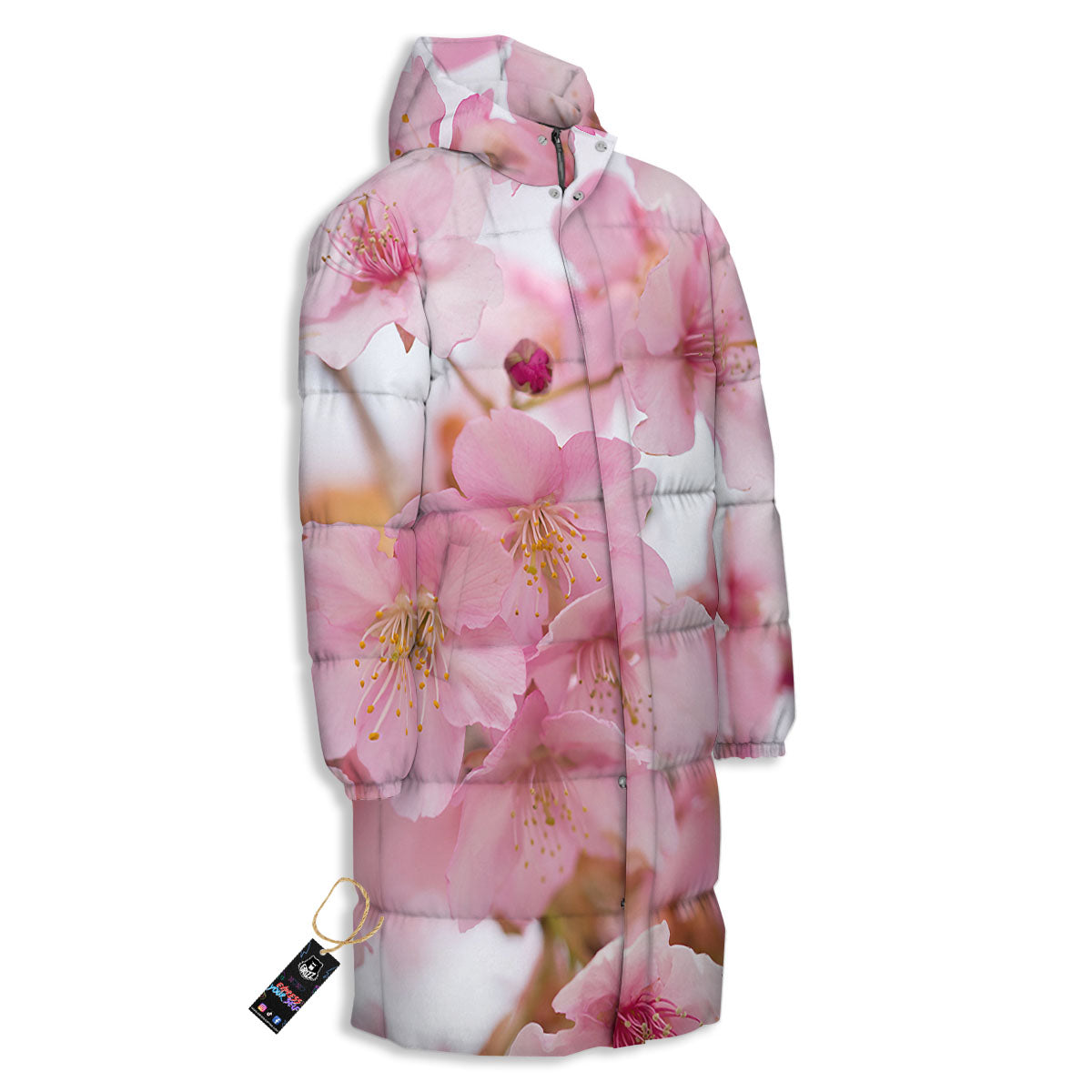 Cherry Blossom Pink Print Long Down Jacket-grizzshop