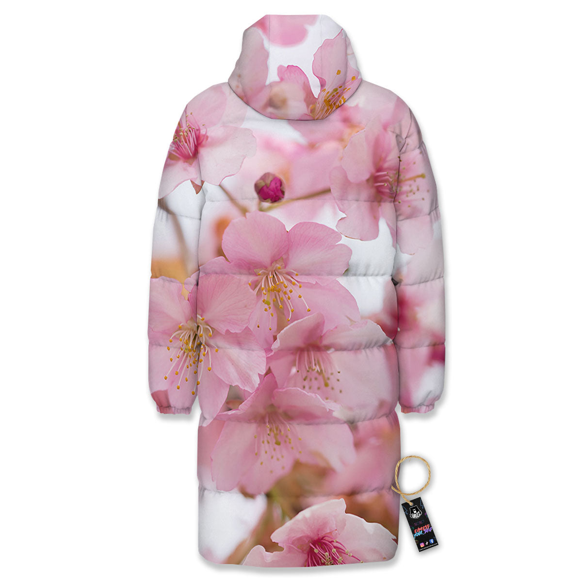 Cherry Blossom Pink Print Long Down Jacket-grizzshop