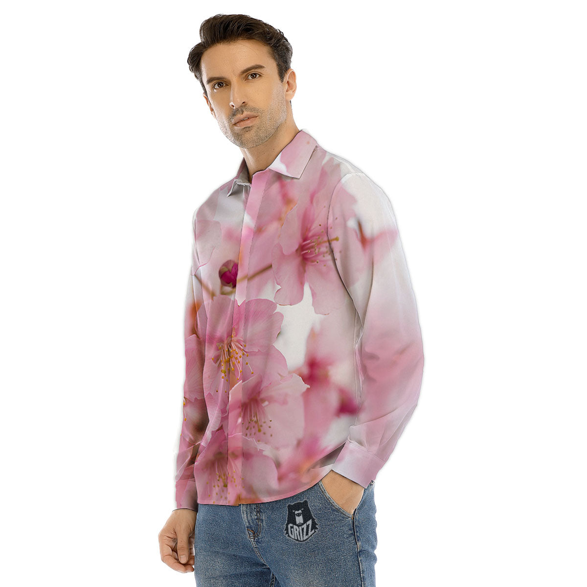 Cherry Blossom Pink Print Men's Dress Shirts-grizzshop