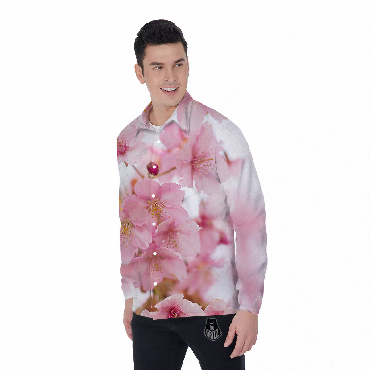 Cherry Blossom Pink Print Men's Long Sleeve Shirts-grizzshop