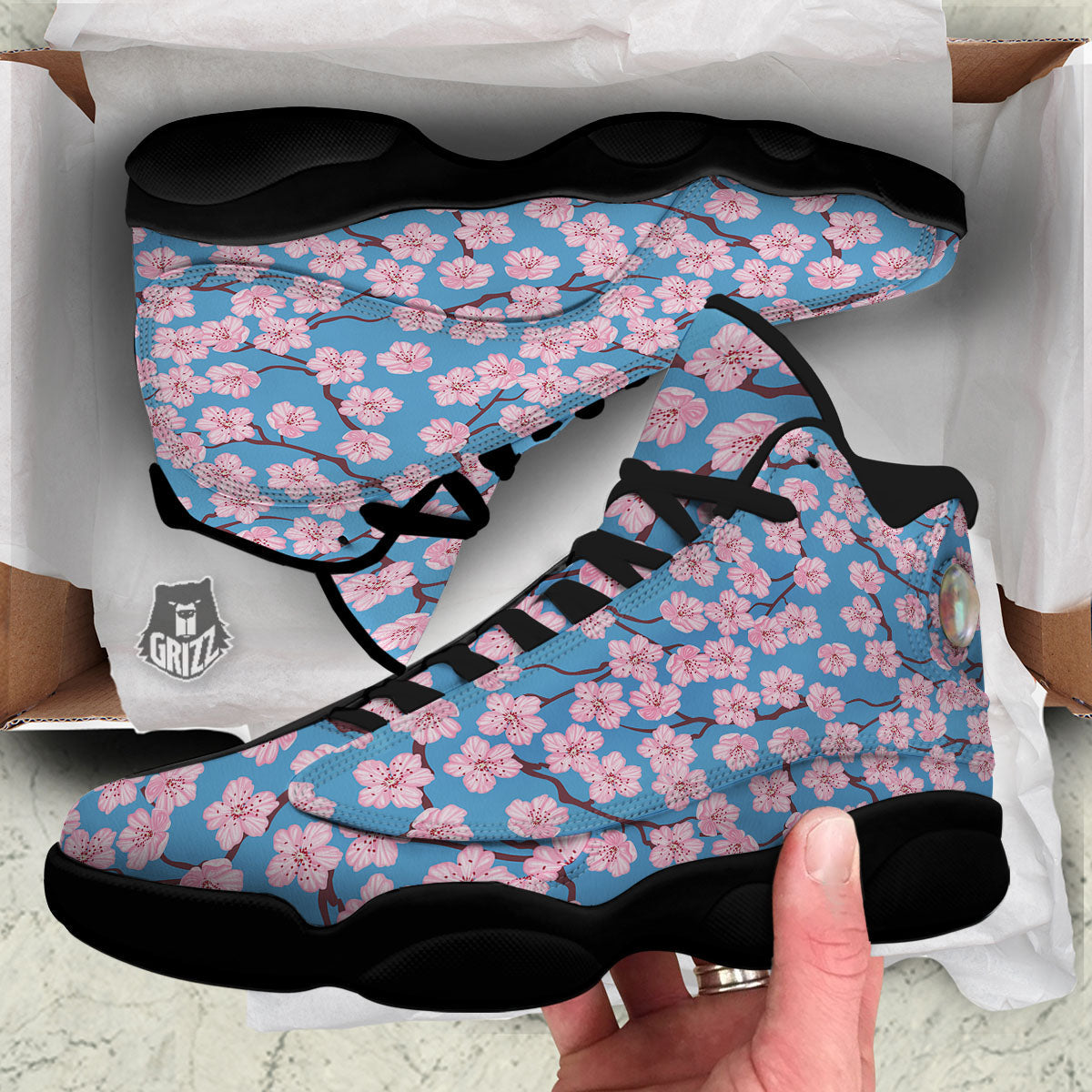 Cherry Blossom Pink Print Pattern Black Basketball Shoes-grizzshop