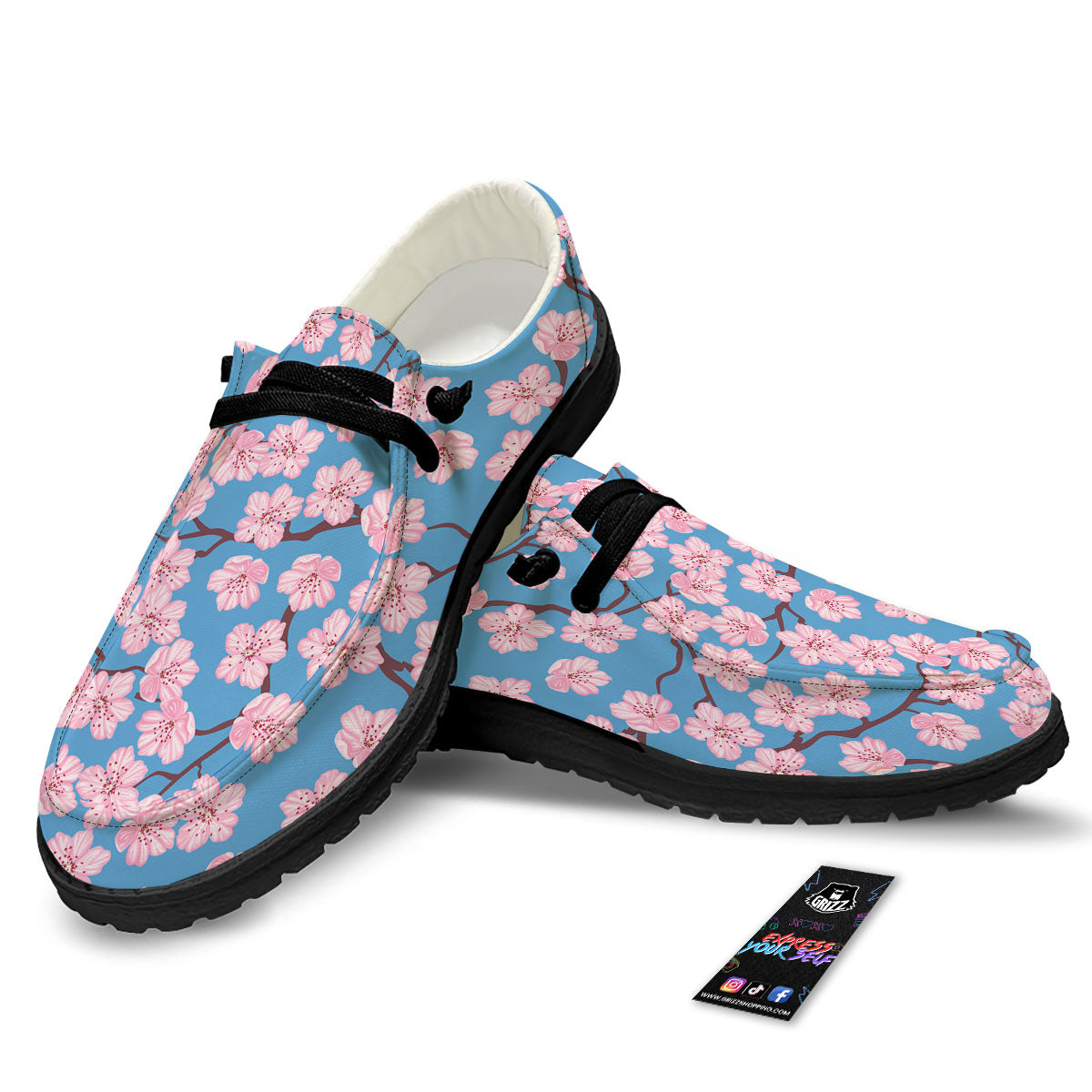 Cherry Blossom Pink Print Pattern Black Loafers-grizzshop