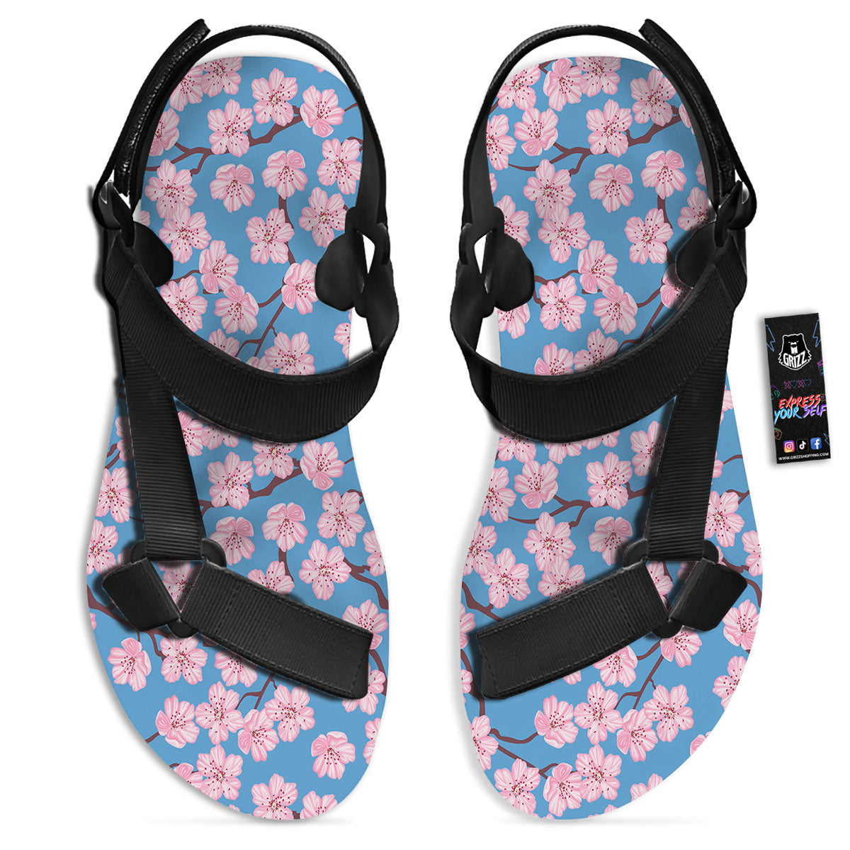 Cherry Blossom Pink Print Pattern Black Open Toe Sandals-grizzshop