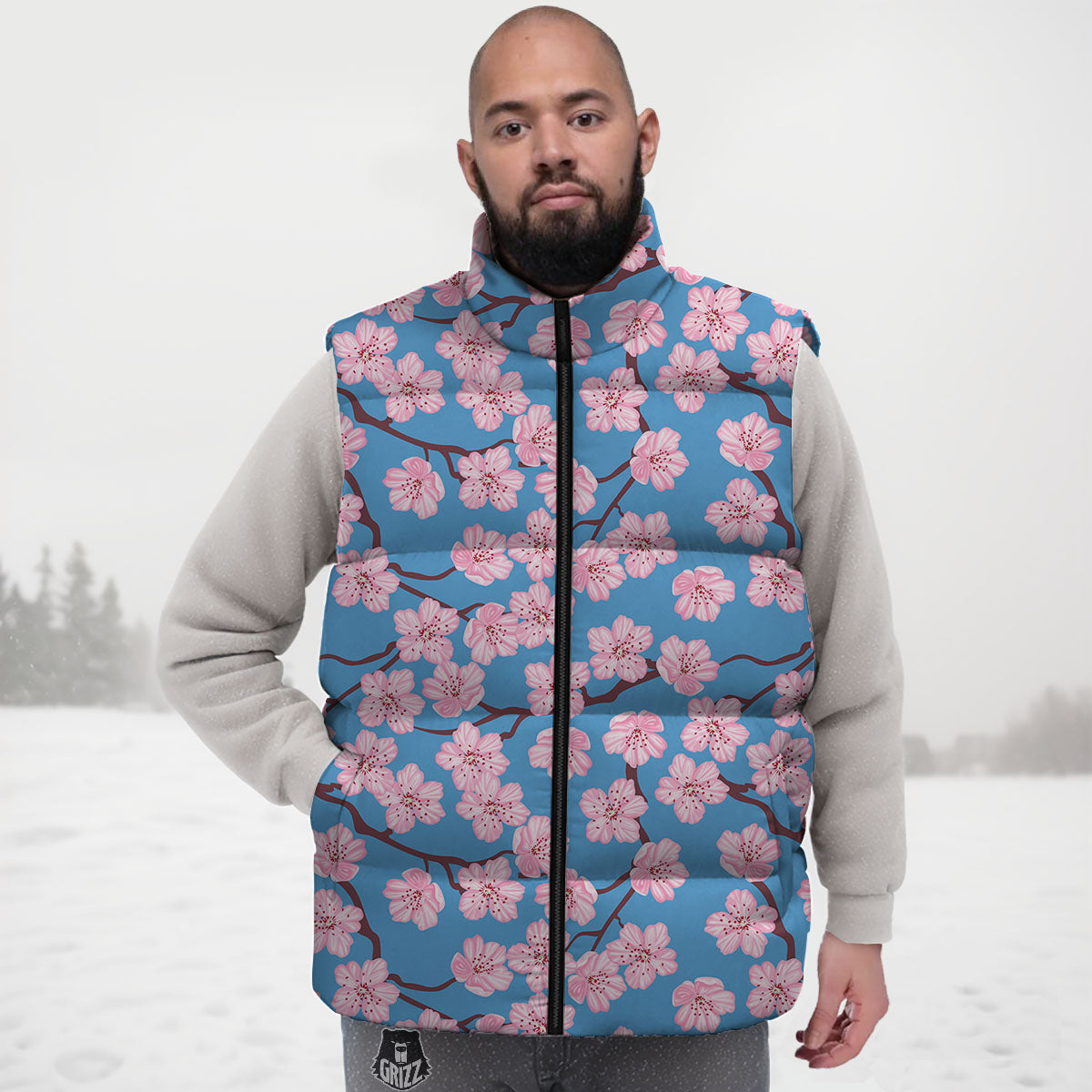 Cherry Blossom Pink Print Pattern Down Vest-grizzshop