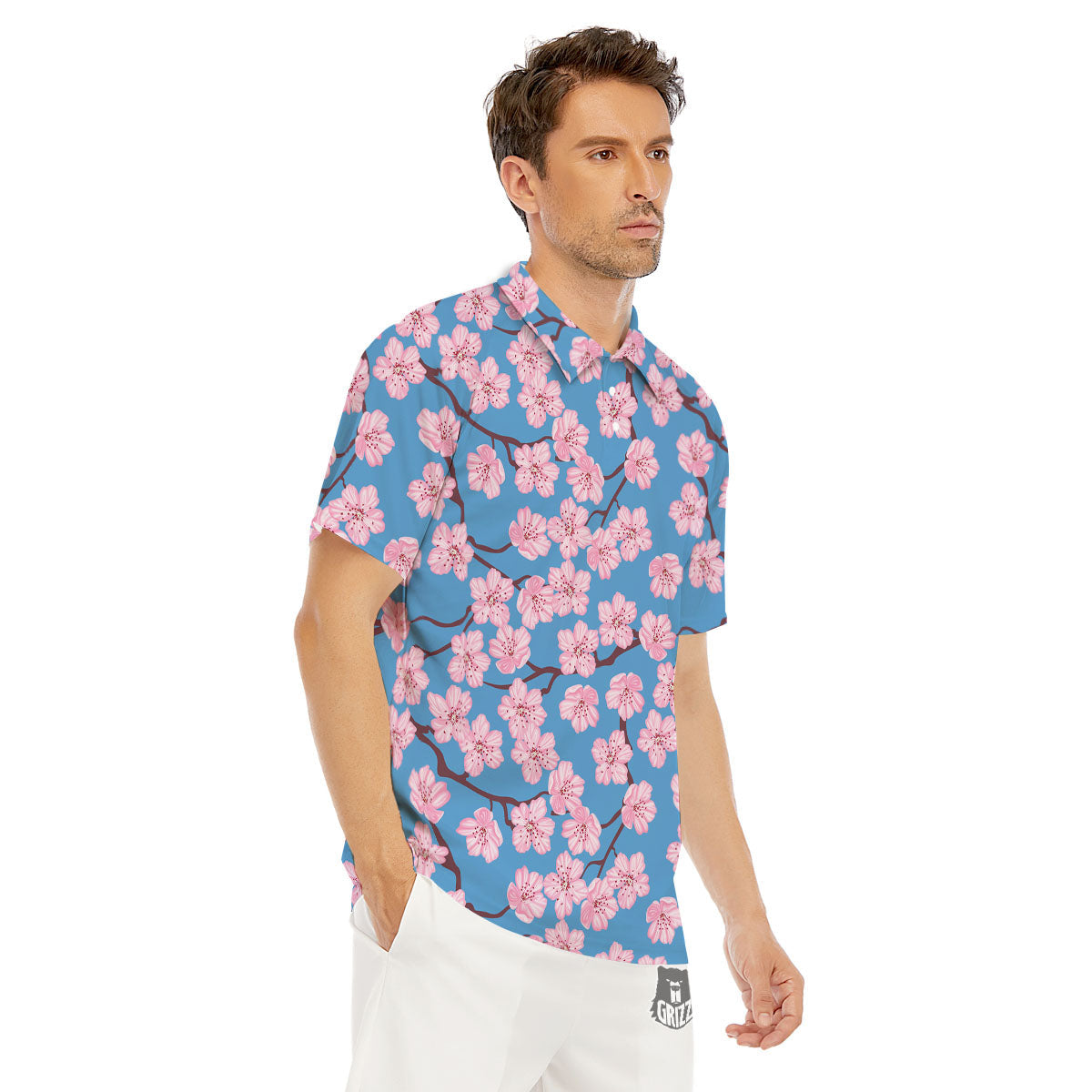 Cherry Blossom Pink Print Pattern Men's Golf Shirts-grizzshop