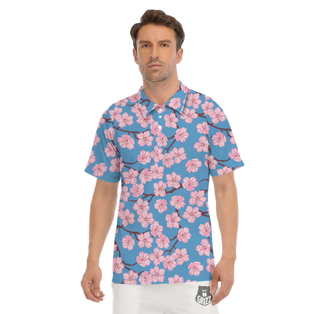 Cherry Blossom Pink Print Pattern Men's Golf Shirts-grizzshop