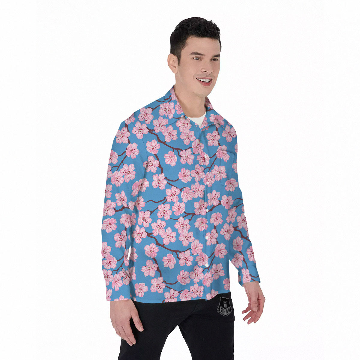 Cherry Blossom Pink Print Pattern Men's Long Sleeve Shirts-grizzshop