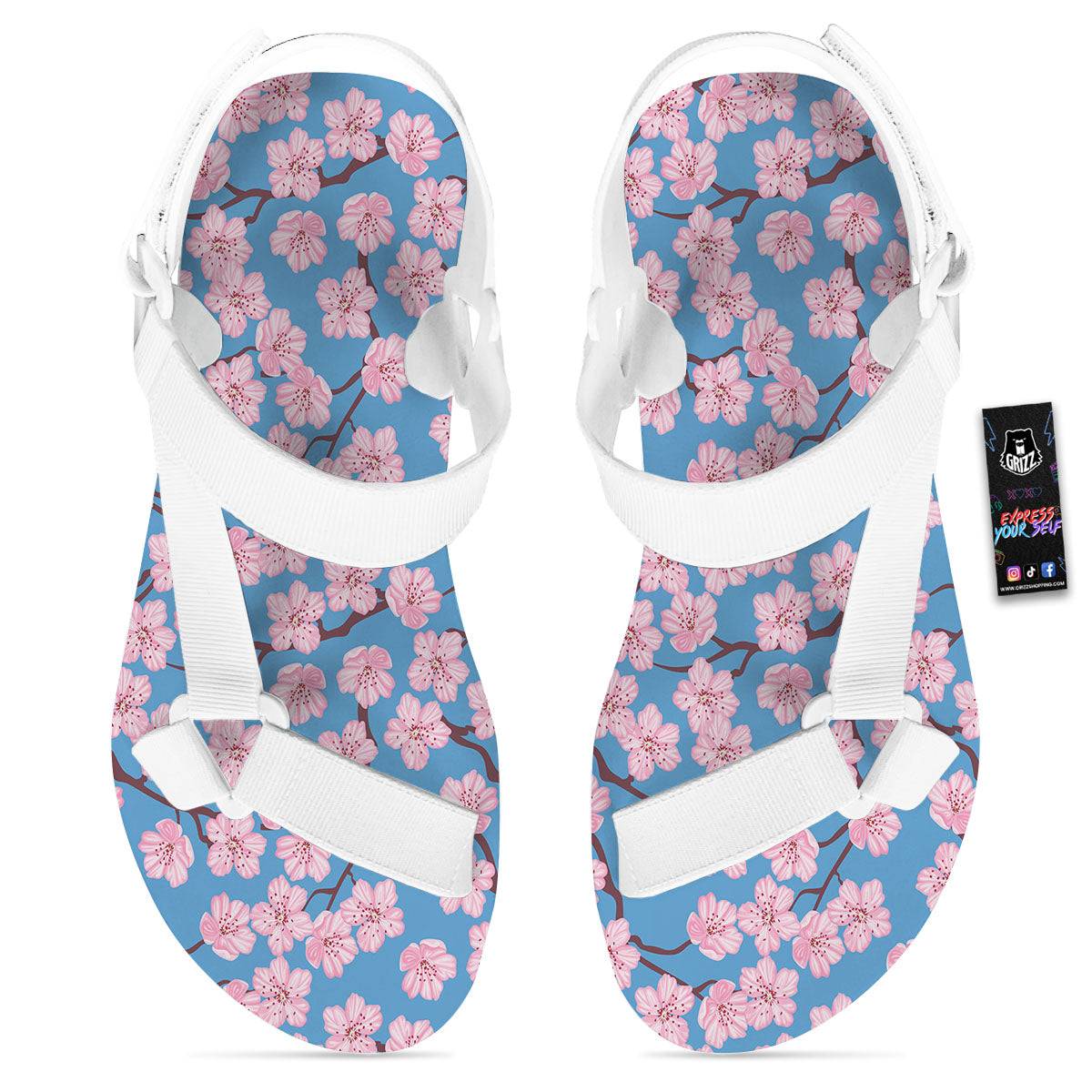 Cherry Blossom Pink Print Pattern White Open Toe Sandals-grizzshop