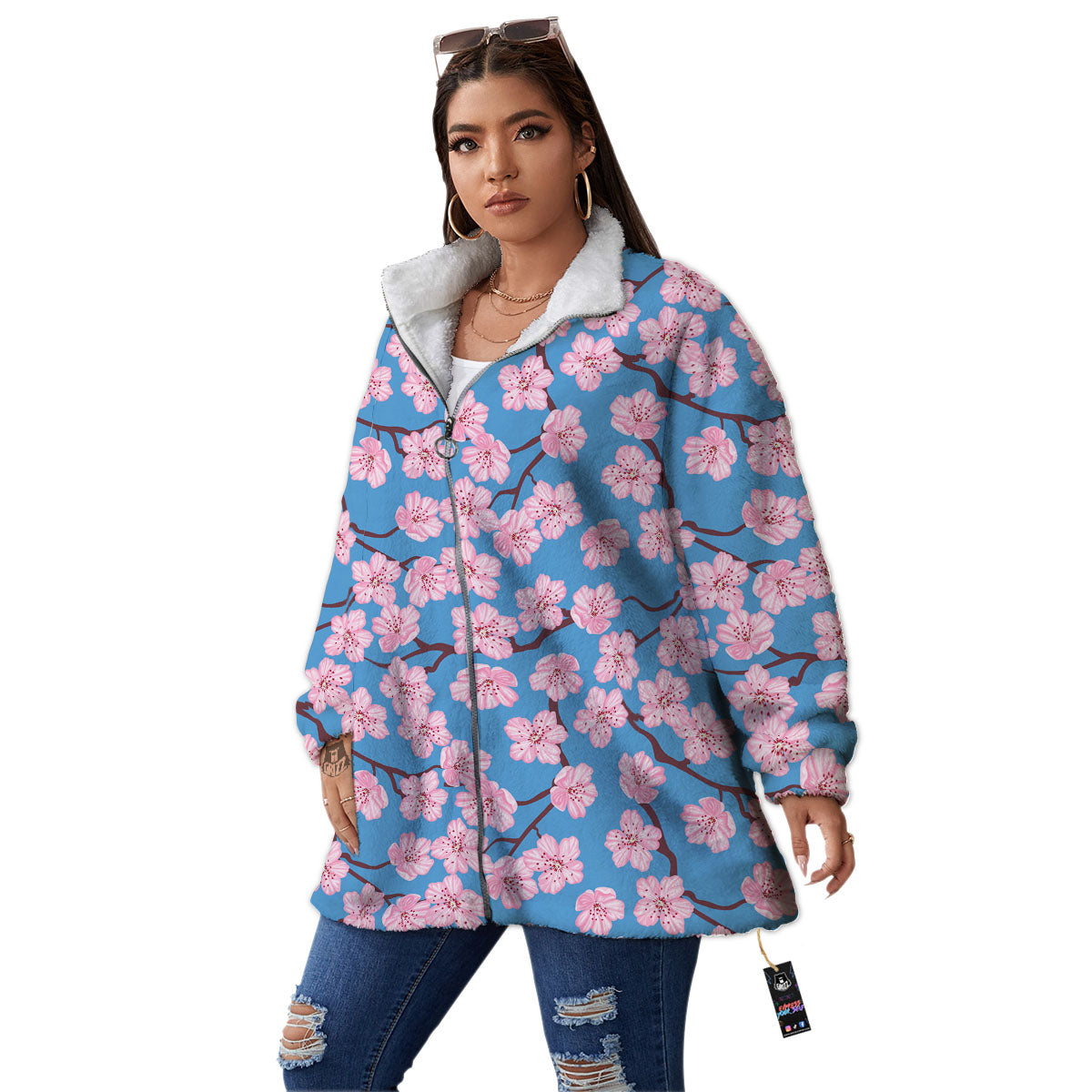 Cherry Blossom Pink Print Pattern Women's Sherpa Jacket-grizzshop