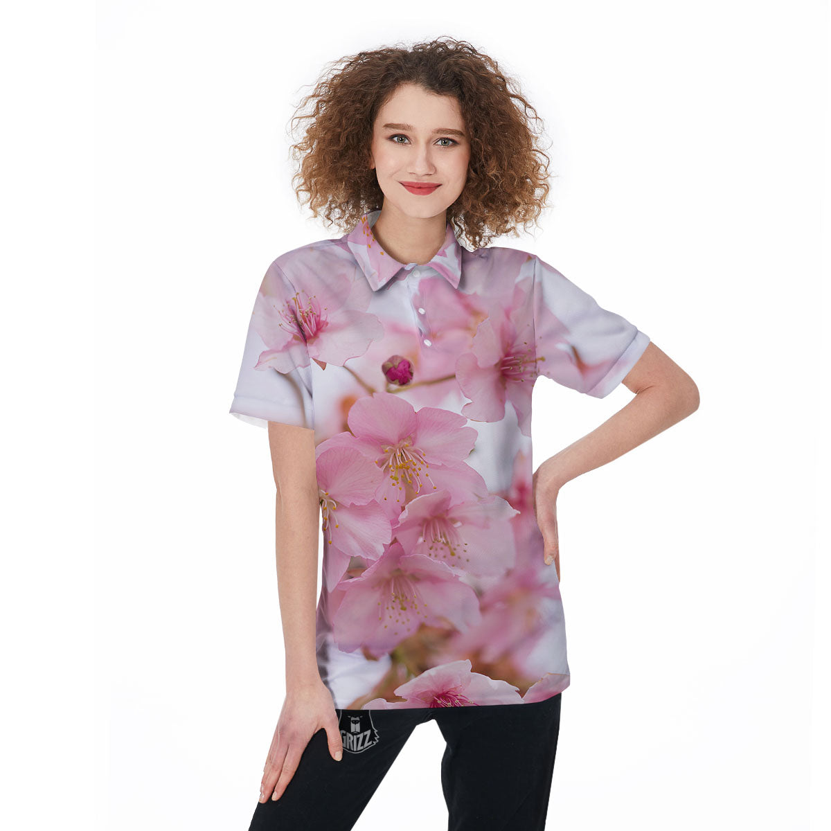 Cherry Blossom Pink Print Women's Golf Shirts-grizzshop